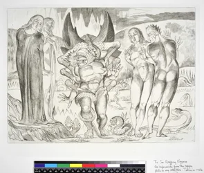 Der Kreis der Diebe: Agnolo Brunelleschi von einer sechsfingrigen Schlange angegriffen, Inferno, Gesang XXV, Illustration zur 